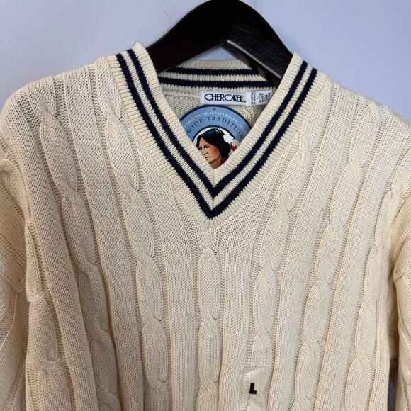 Cherokee Vintage Tennis V-Neck Cable Knit Sweater Cream Cotton Men's L New - Picture 7 of 8